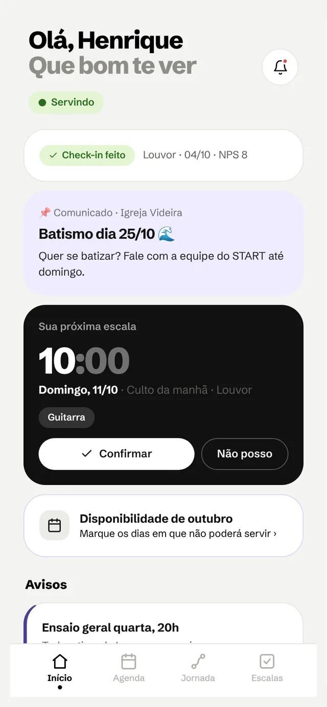 App do voluntário com a próxima escala e os botões Confirmar e Não posso