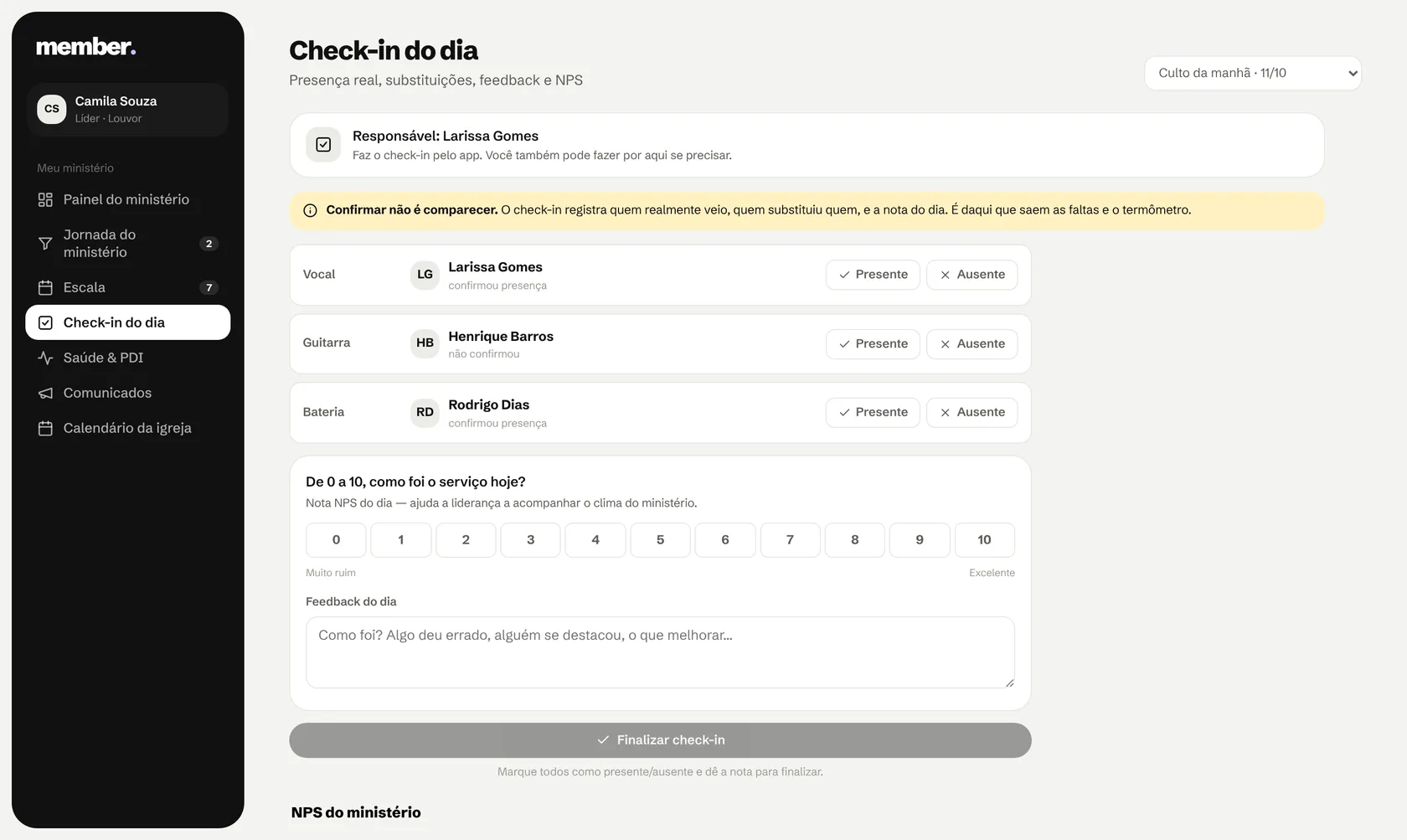 Check-in do dia com presente ou ausente e nota de 0 a 10